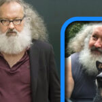 Randy Quaid with long gray hair and white beard, featured in two photos one in formal attire indoors, and the other outdoors with his dog used in an article about Randy Quaid Net Worth.