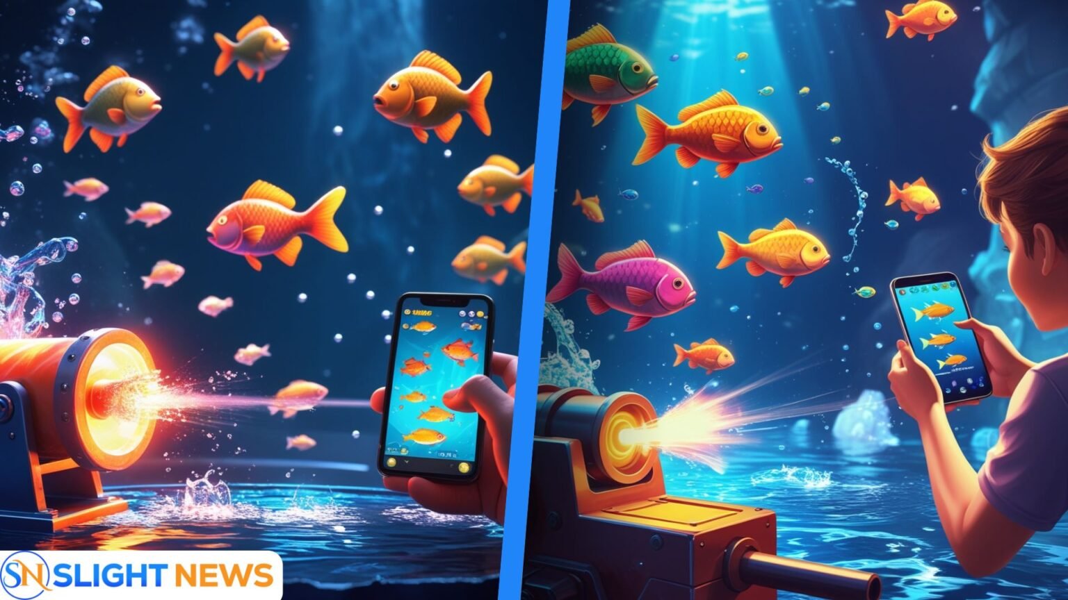 Person fishing with smartphone in water.