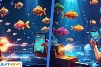 Person fishing with smartphone in water.